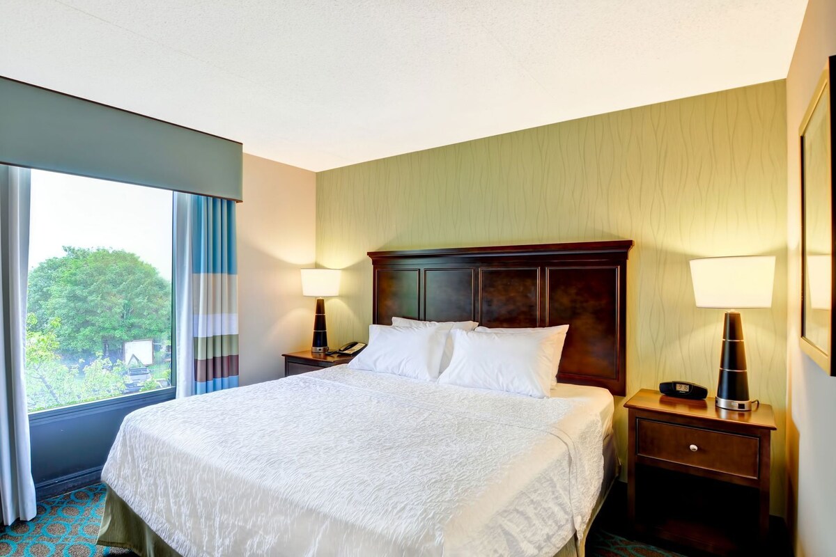A hotel room with a large bed, two bedside tables, a window with curtains, and a view of greenery outside.
