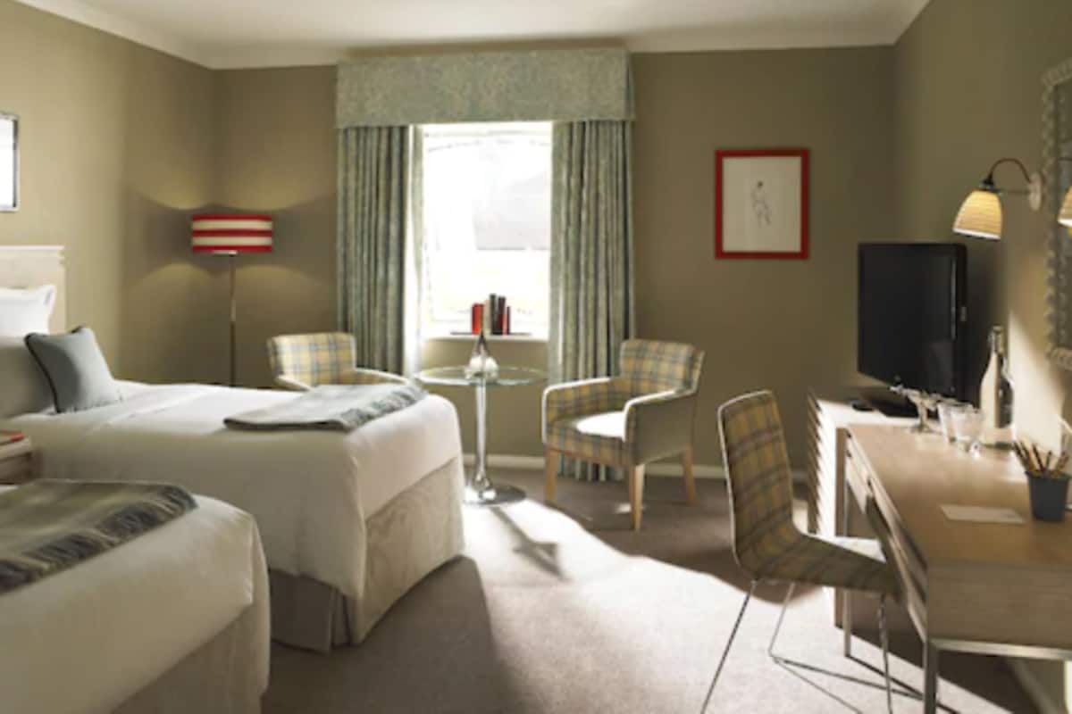 A hotel room with a bed, two chairs, a small table, a television, and a lamp.