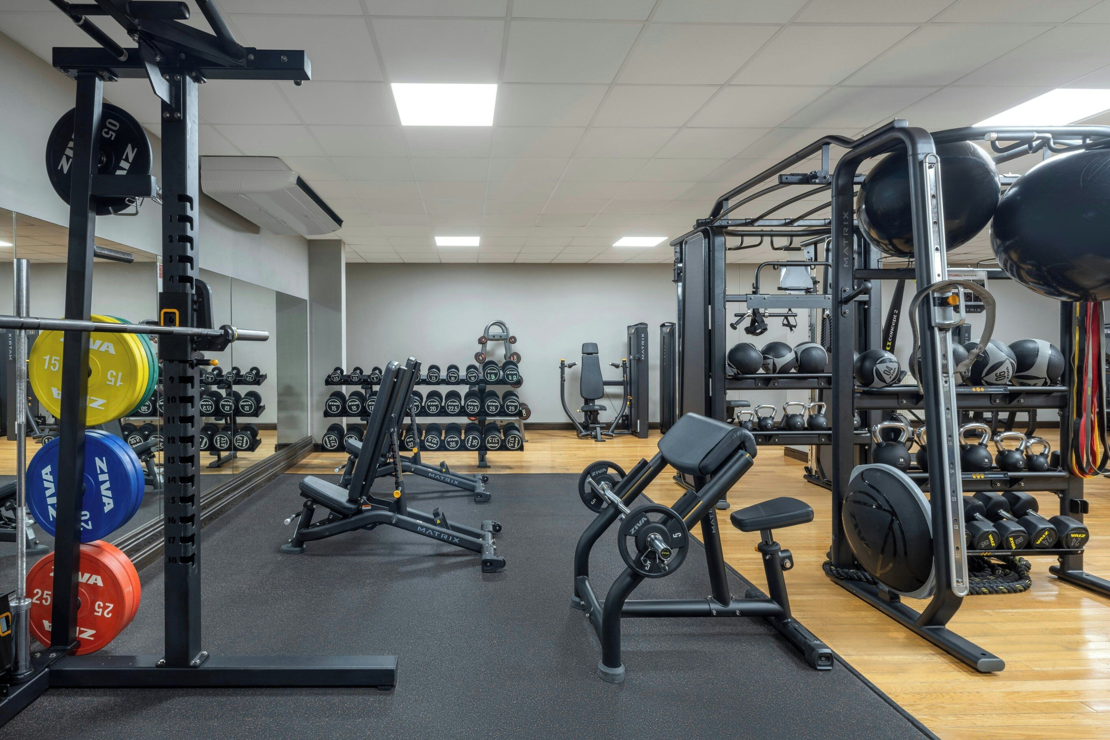 A gym with weightlifting equipment, dumbbells, and exercise machines.