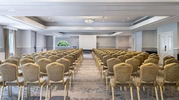 A conference room with rows of chairs facing a large screen, a ceiling light, and a view of a green landscape through a window.