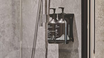 Eine Dusche mit Duschkopf zum Hochschalten und einer fest installierten Bedienkonsole mit Flaschen.