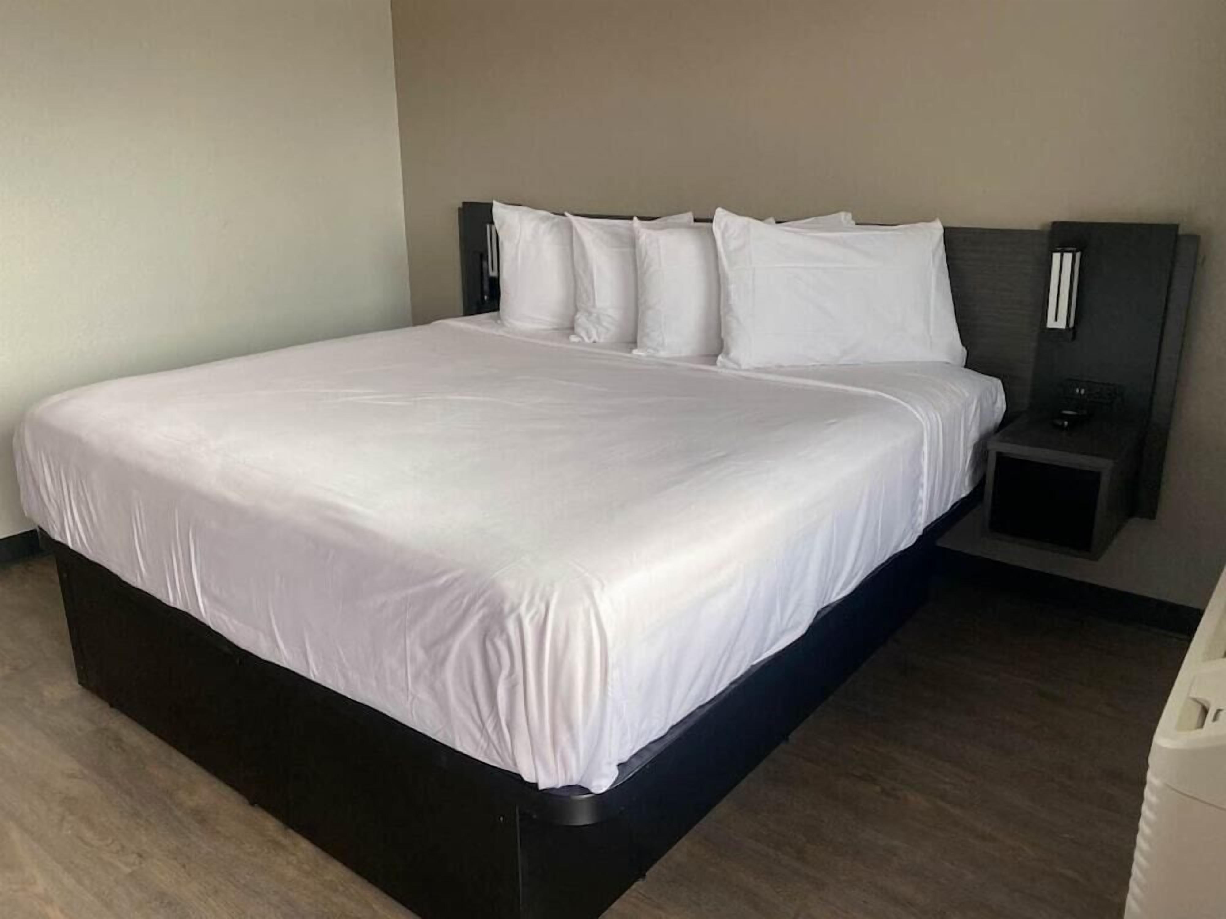 A modern hotel room with a large bed, a nightstand, and a wall-mounted light fixture.