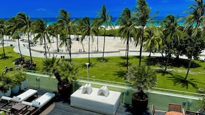 On the beach, sun-loungers, beach towels
