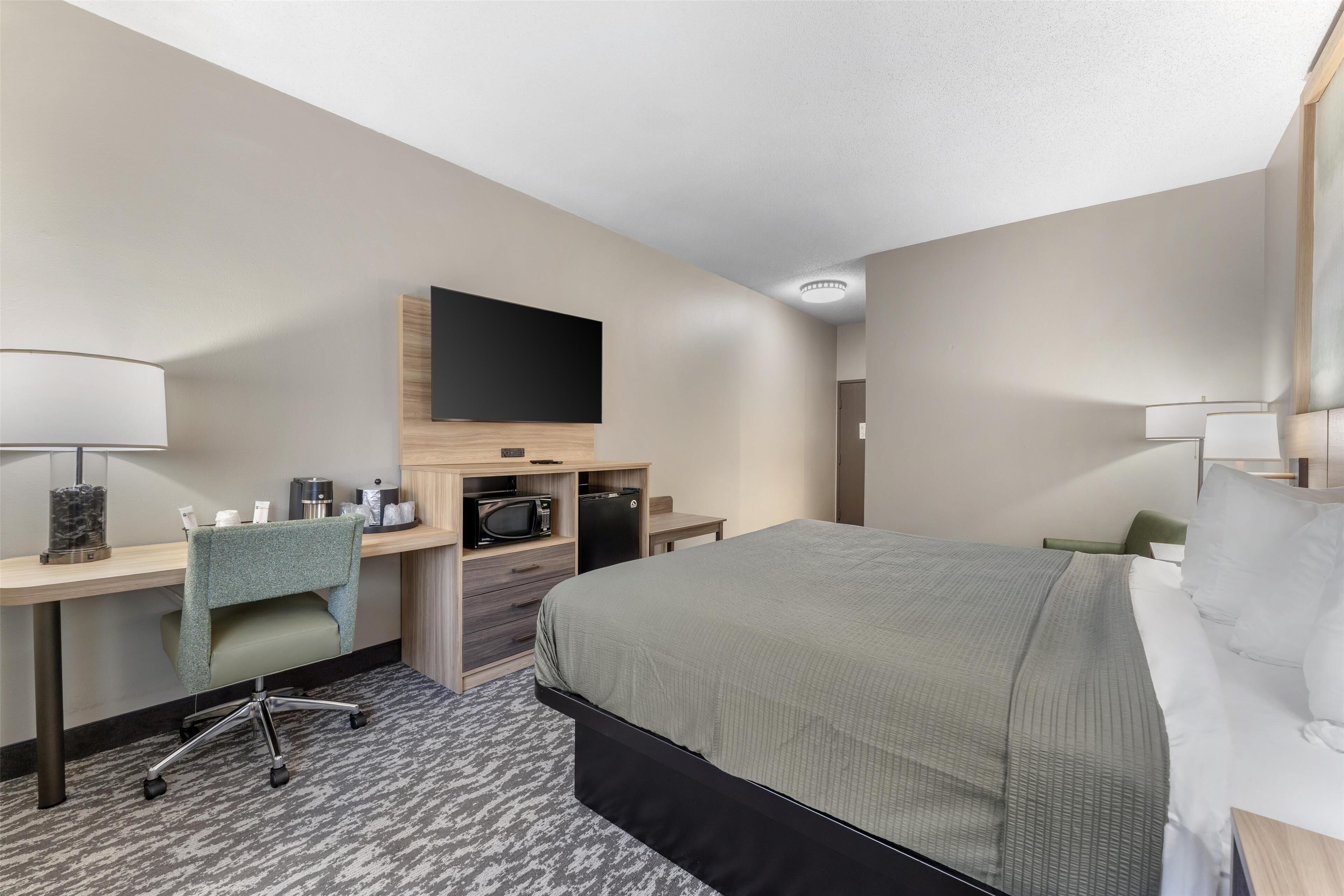 standard room, 1 king bed, non smoking, refrigerator & microwave | 1 bedroom, in-room safe, desk, laptop workspace