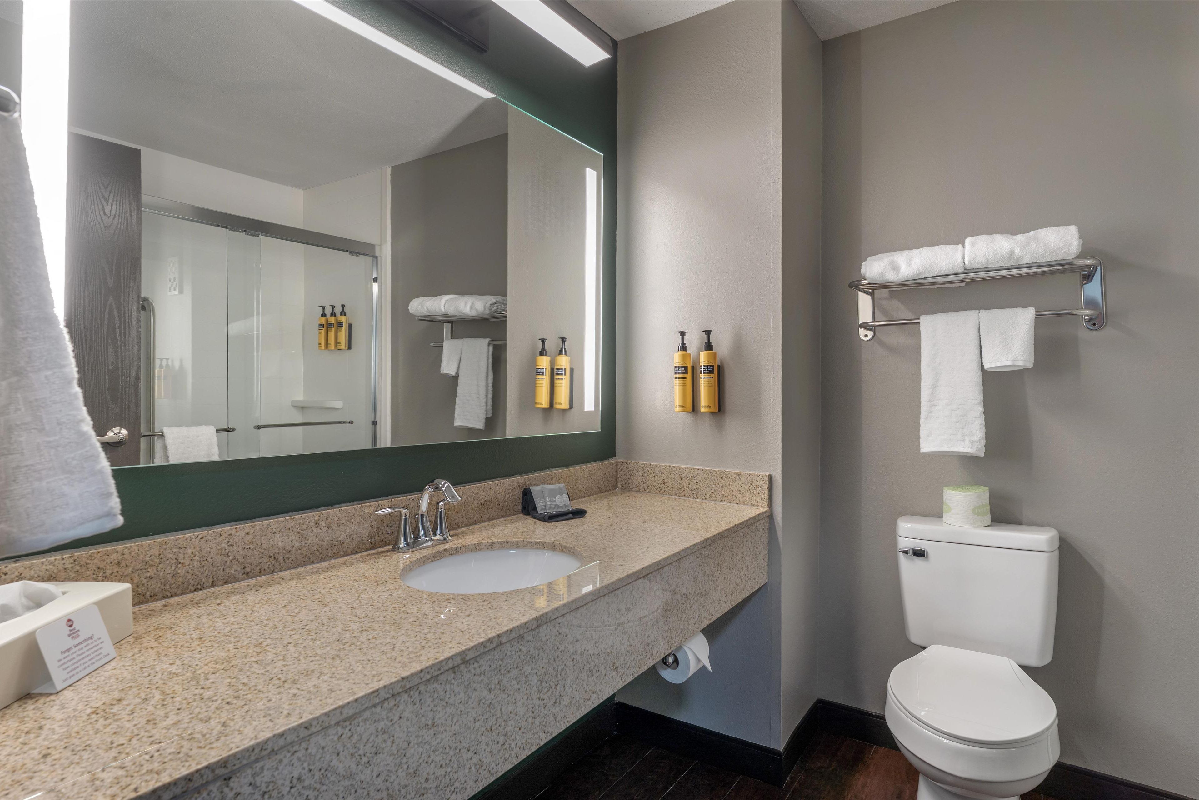 A modern bathroom with a granite countertop sink, a large mirror, a toilet with a towel rack, and two bottles of toiletries on the wall.