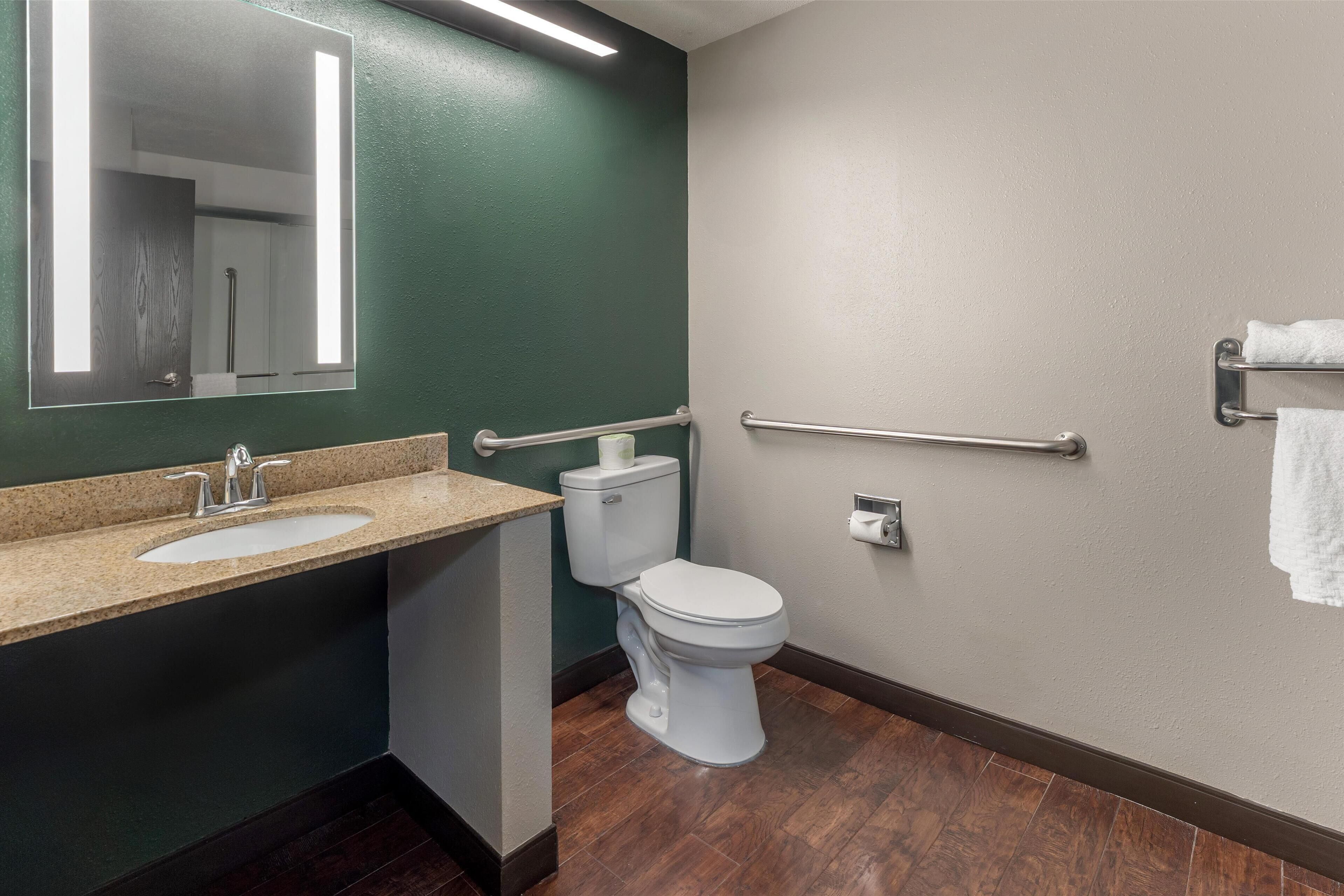 standard room, 1 king bed, accessible, refrigerator & microwave (walk-in shower) | bathroom | deep-soaking bathtub, free toiletries, hair dryer, towels