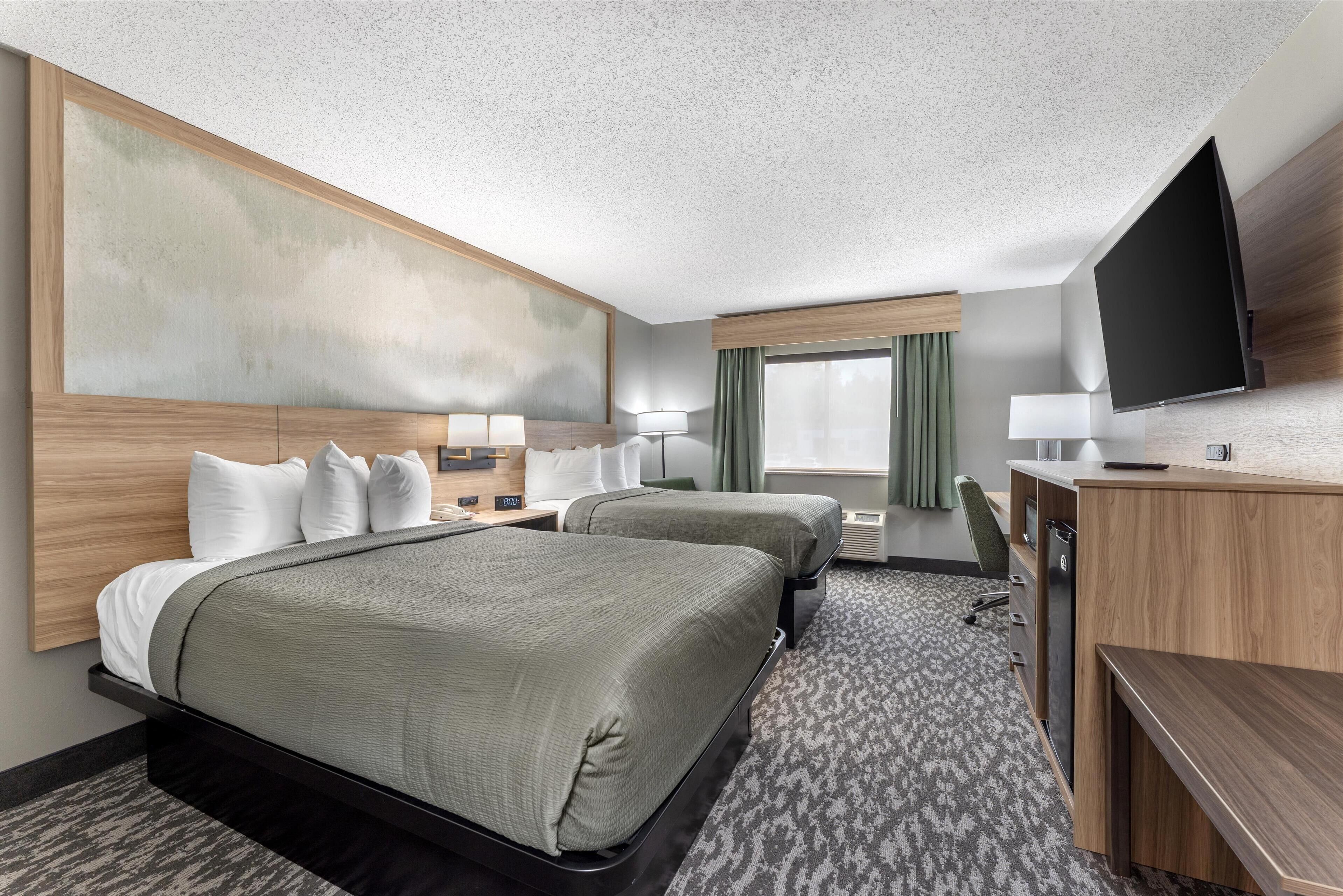 standard room, 2 double beds, non smoking, refrigerator & microwave | 1 bedroom, in-room safe, desk, laptop workspace