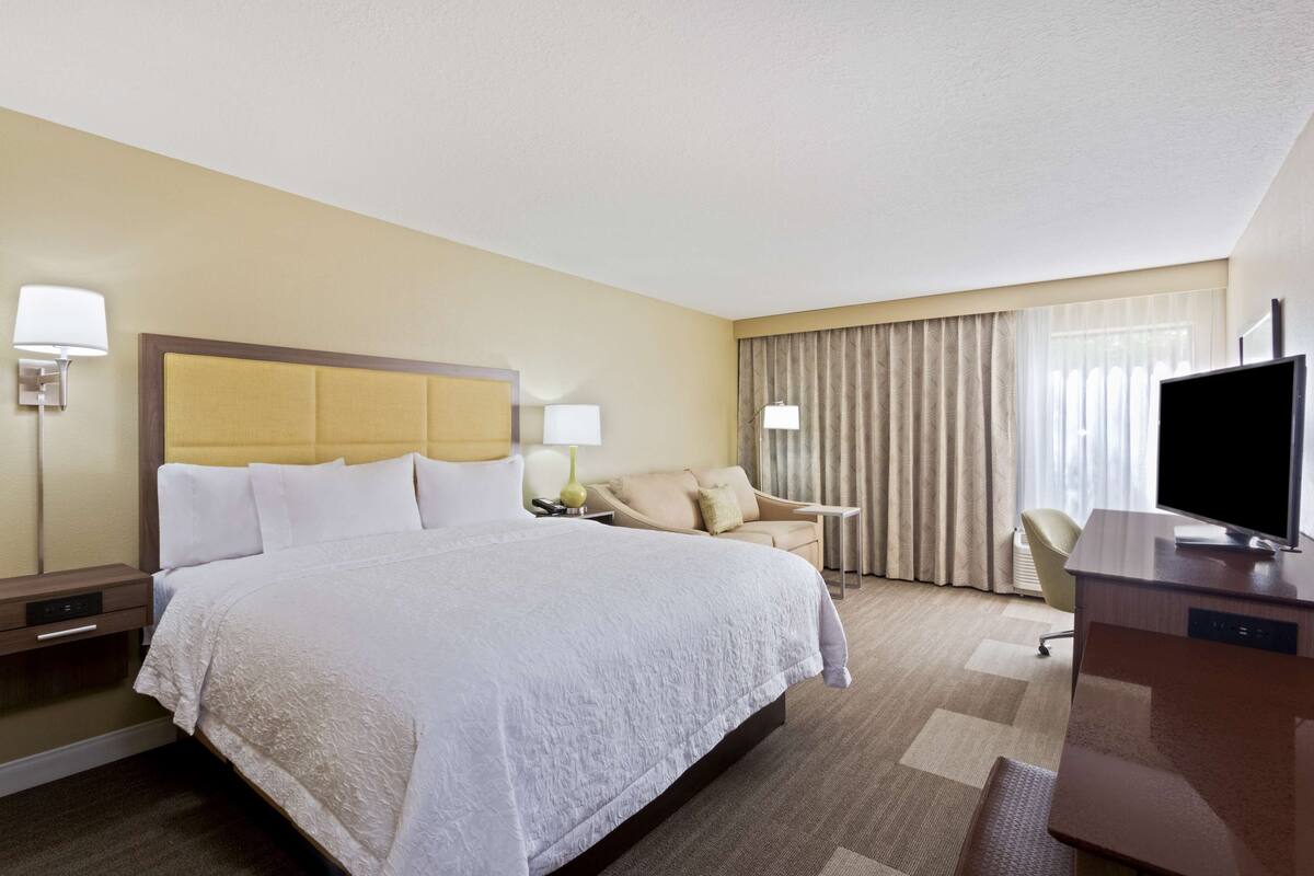 A hotel room with a large bed, a desk, a chair, and a television.