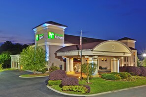 A Holiday Inn Express hotel with a central entrance, flagpole, and well-maintained landscaping.