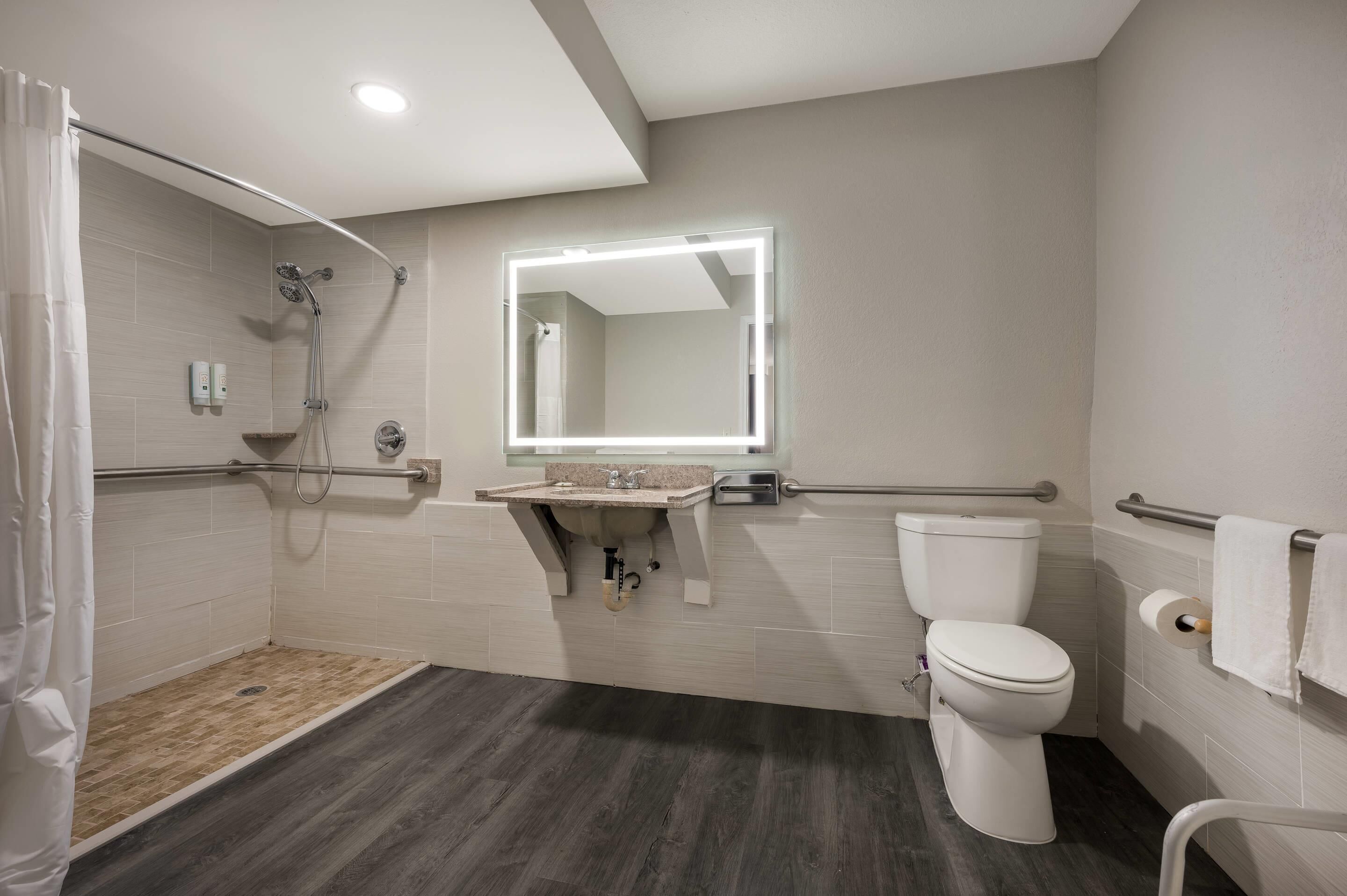 Un baño moderno con ducha, inodoro, lavamanos y un espejo grande.