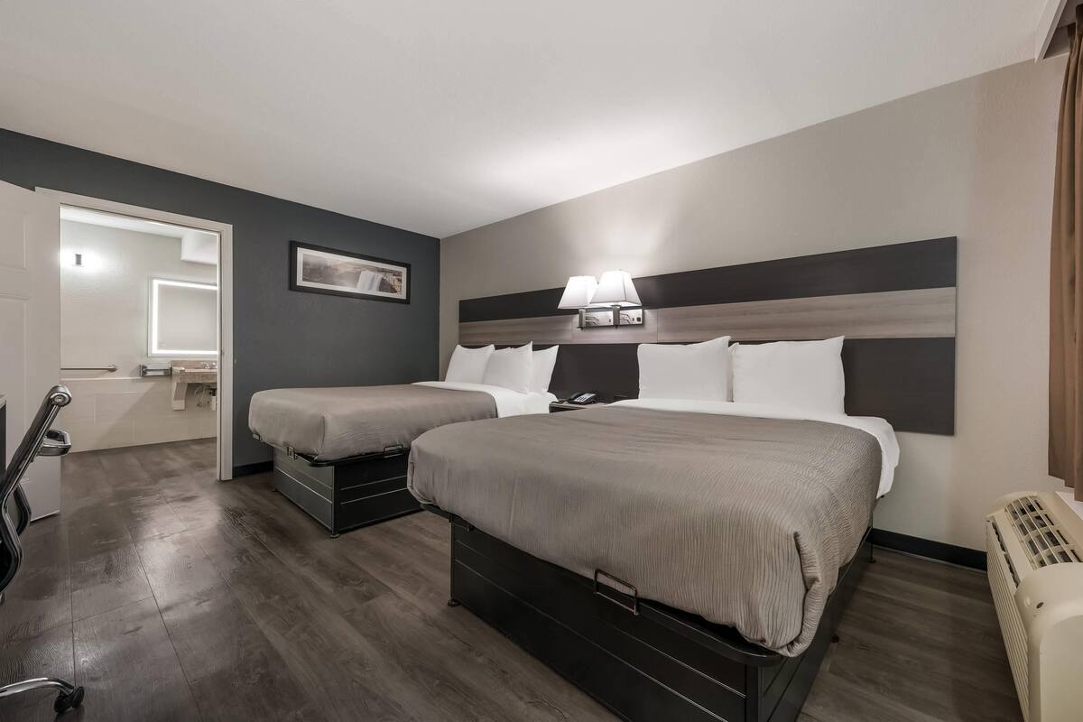 A hotel room with two beds, a desk, a chair, a bedside table with a lamp, a picture on the wall, and a heater.