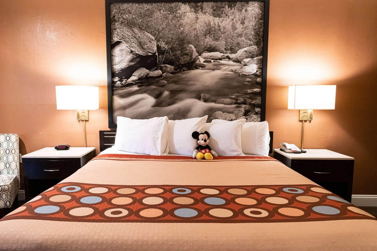 A hotel room with a bed, Mickey Mouse plush toy, two bedside lamps, a nightstand, a chair, and a large framed picture of a river.