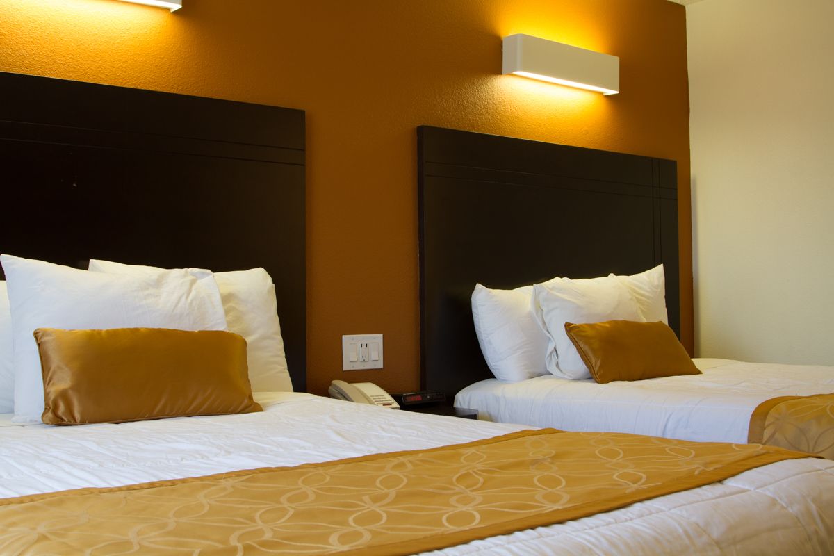 Dos camas con sábanas blancas y almohadas marrones, un teléfono en la pared y una lámpara.