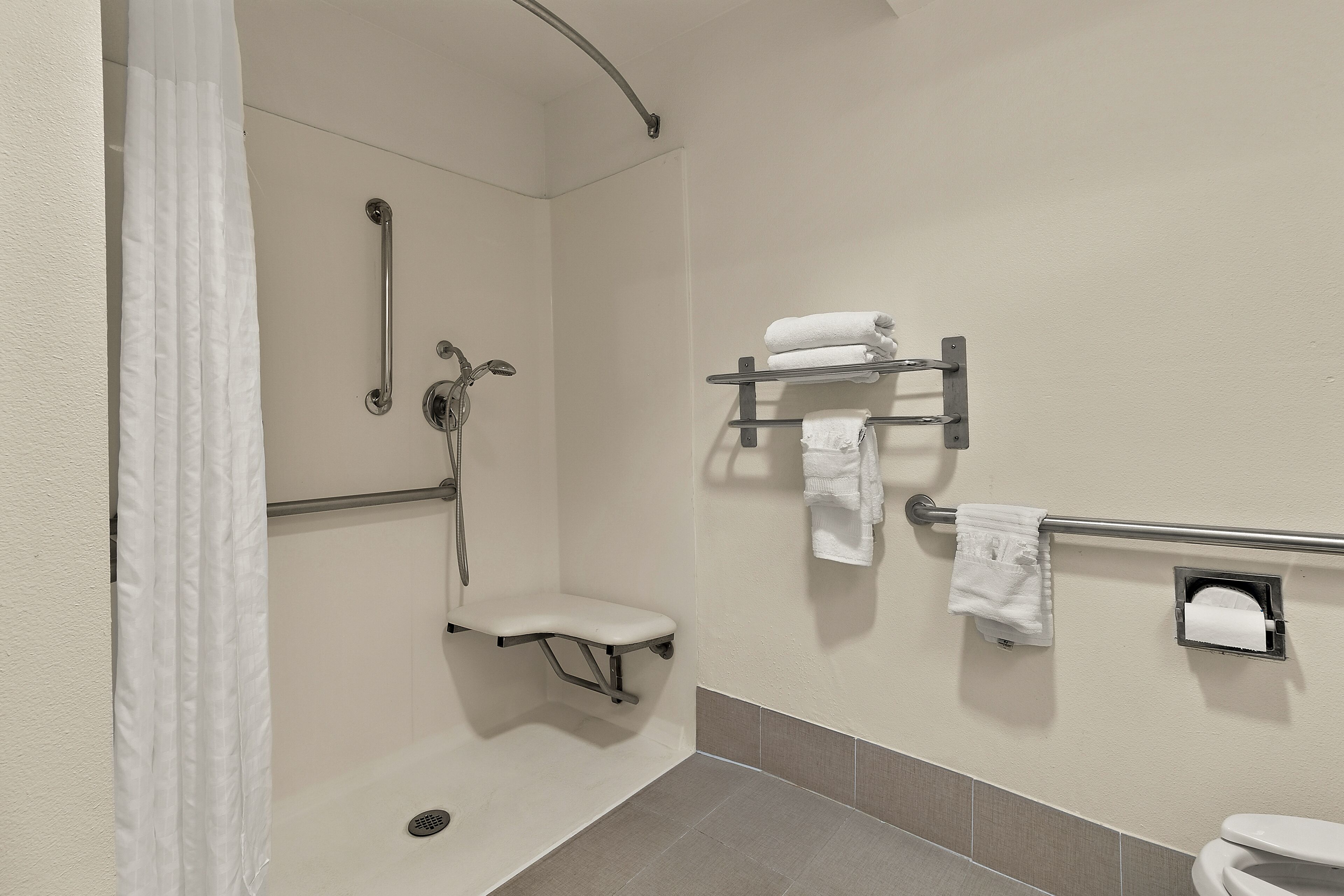 A bathroom with a shower, grab bar, toilet, and towel rack.