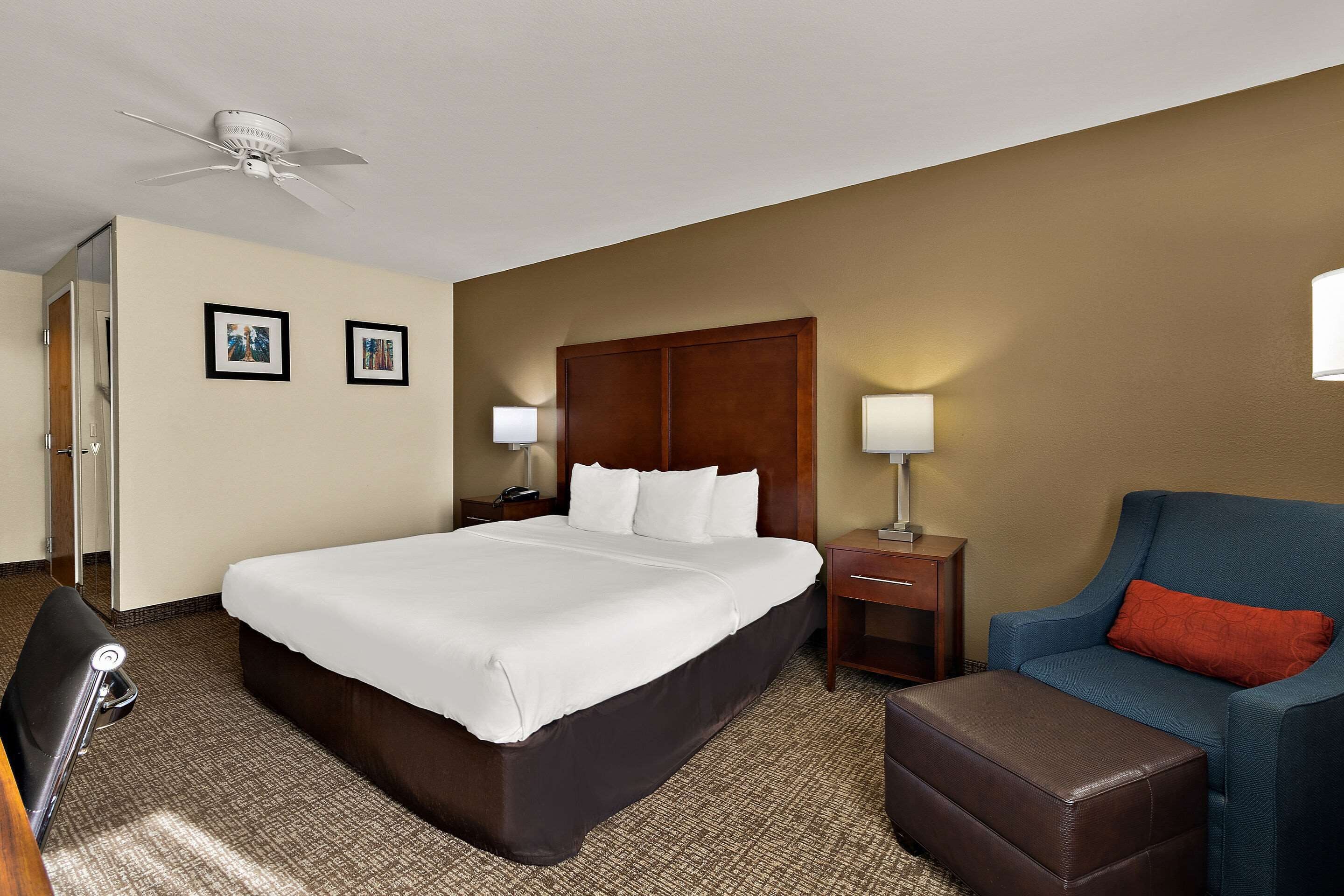 A hotel room with a large bed, a desk, a chair, a ceiling fan, and two wall-mounted lamps.