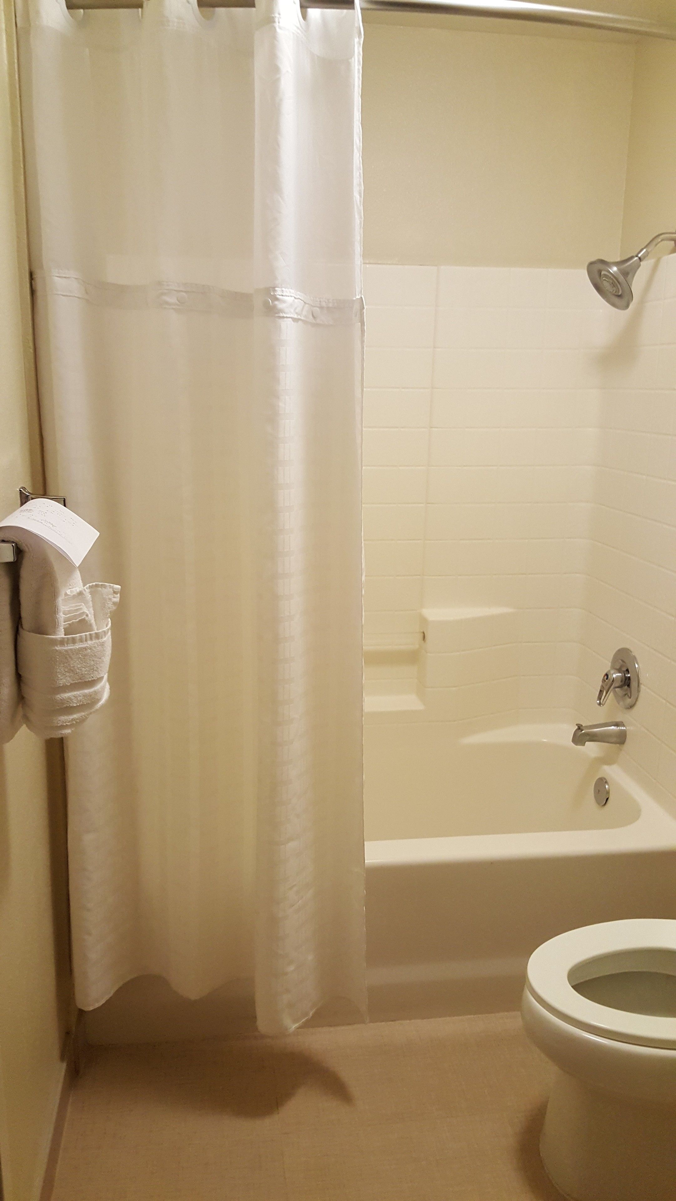 Un bagno con vasca, water e tenda da doccia.