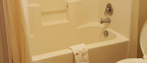 A bathroom with a bathtub, a toilet, and a showerhead.
