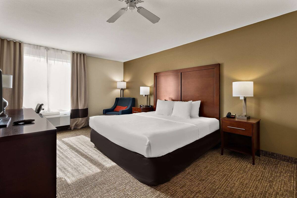 A hotel room with a large bed, a desk, a chair, two bedside lamps, a ceiling fan, and a window with curtains.