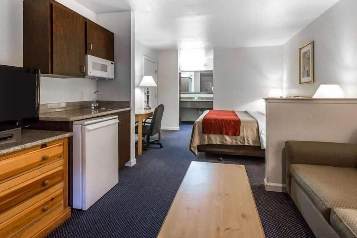 A compact hotel room with a kitchenette, a bed, a desk, and a sofa.