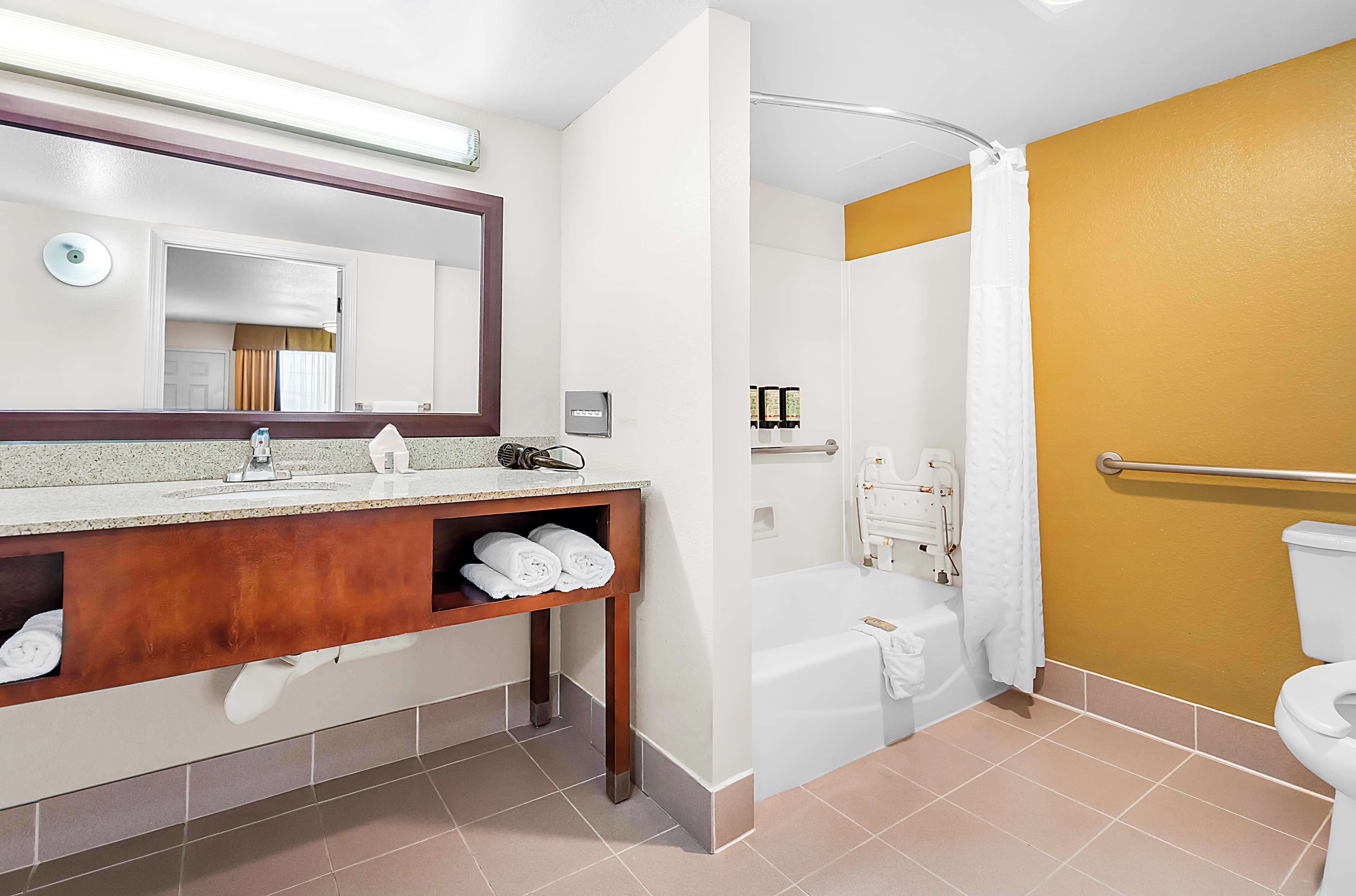 standard room, 1 queen bed, accessible, refrigerator & microwave | bathroom | combined shower/bathtub, hair dryer, towels, soap