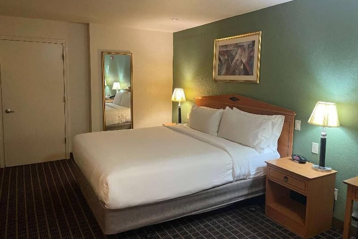 A hotel room with a bed, a nightstand, a mirror, a wall-mounted painting, and a door.
