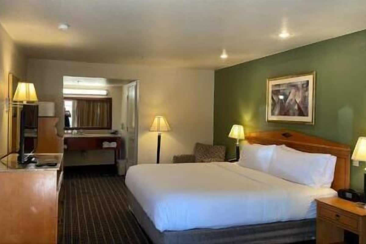 A hotel room with a bed, two bedside lamps, a nightstand, a dresser, a mirror, and a painting on the wall.