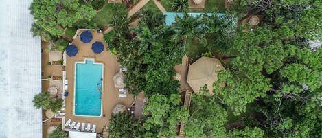 An aerial view of a resort with a swimming pool surrounded by lounge chairs and umbrellas, a wooden deck, and lush greenery.