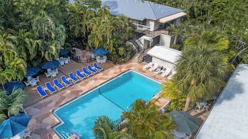 A pool area with lounge chairs and umbrellas, surrounded by palm trees and a building with a sloped roof.