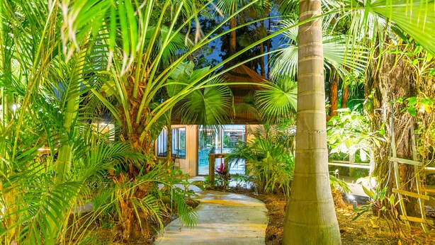 A pathway through a lush garden leading to a building with a wooden structure.