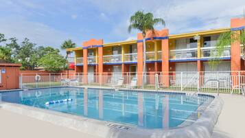 Outdoor pool, open 8 AM to 8 PM, pool umbrellas, pool loungers