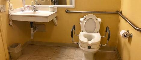 A bathroom with a white toilet, a sink, a mirror, and a handrail.