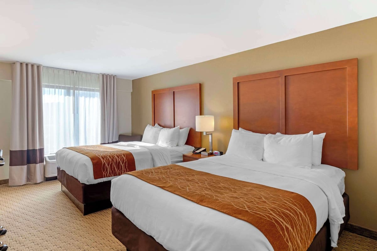 Habitación de hotel con dos camas, un ventanal con cortinas, una mesita de noche con lámpara y suelo cubierto de alfombra.