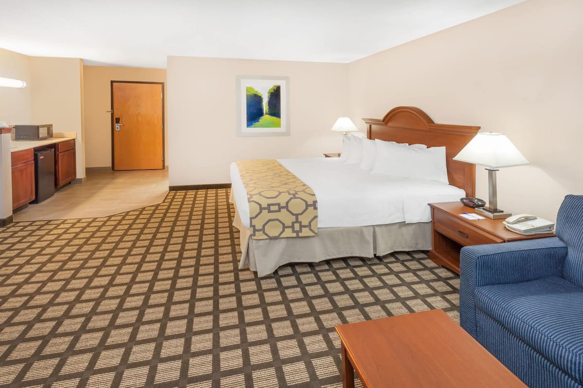 Une chambre d’hôtel avec un lit, des lampes de chevet, un bureau, une chaise, un tableau au mur et une moquette à motifs.