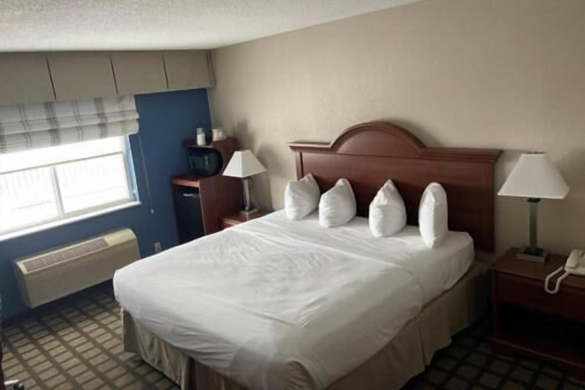 A hotel room with a bed, bedside lamps, a nightstand, a window with blinds, and a radiator.
