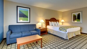 A hotel room with a bed, a sofa, a nightstand, a lamp, and a framed picture on the wall.