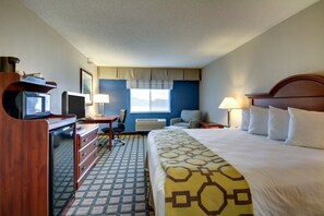 Desk, laptop workspace, blackout curtains, iron/ironing board