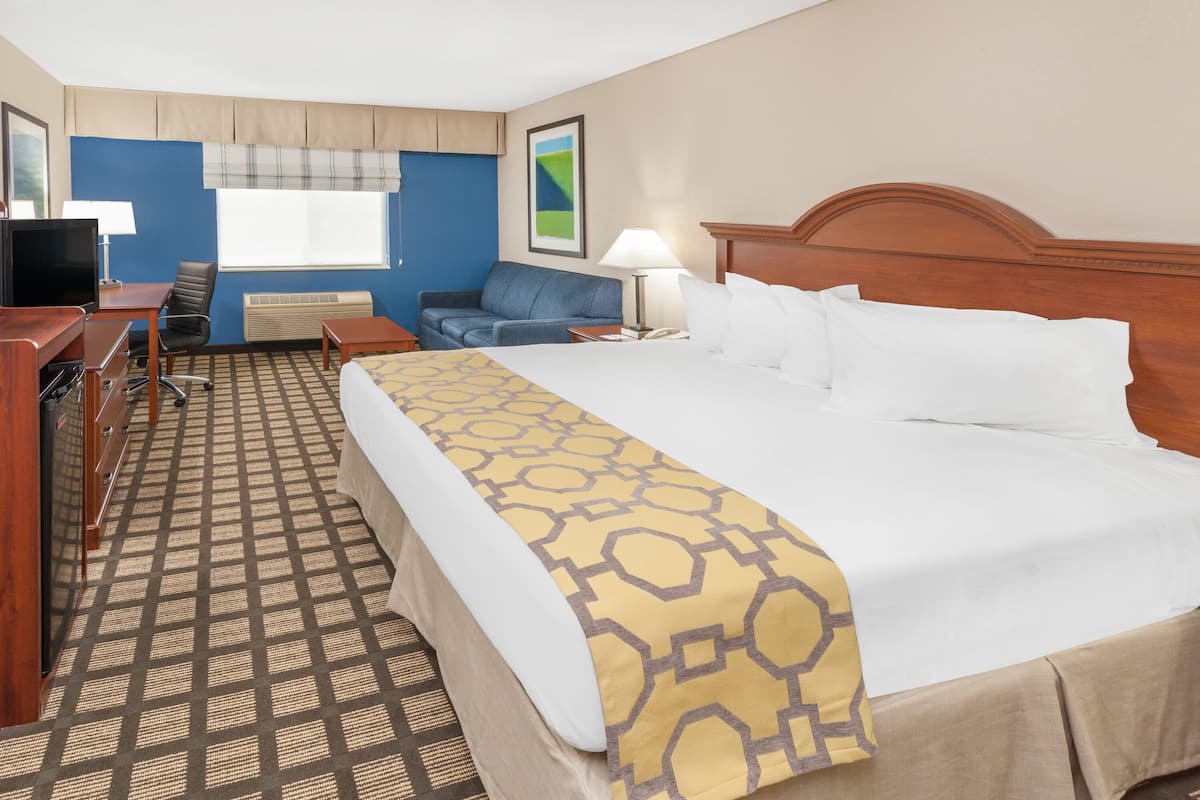 Une chambre d’hôtel équipée d’un lit, d’un bureau, d’une chaise, d’une télévision et d’une fenêtre avec des stores.
