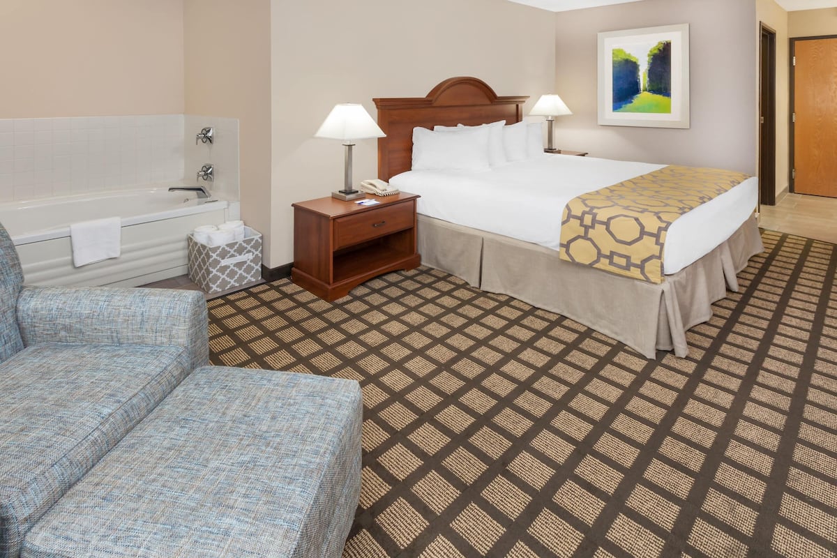 Une chambre d’hôtel avec un lit, une table de chevet, une chaise, une baignoire et un tapis à motifs.