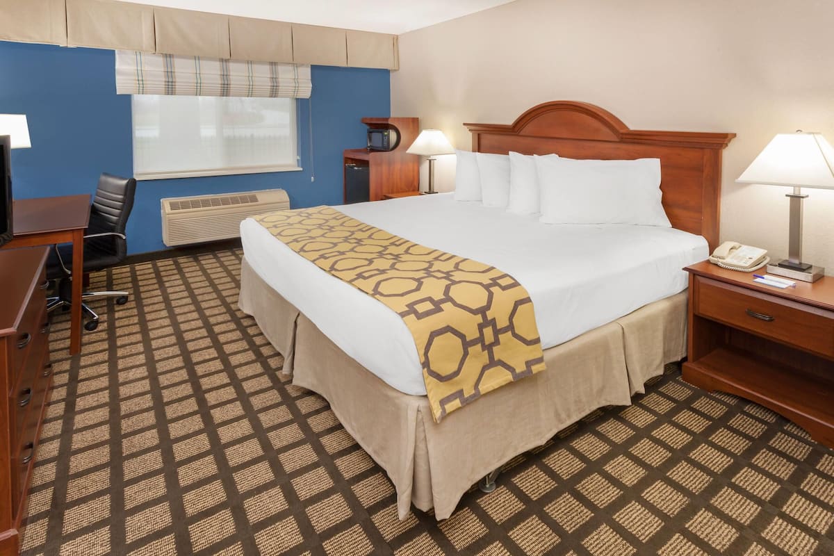 Une chambre d’hôtel équipée d’un lit, d’un bureau, d’une chaise, d’une lampe et d’un téléphone.