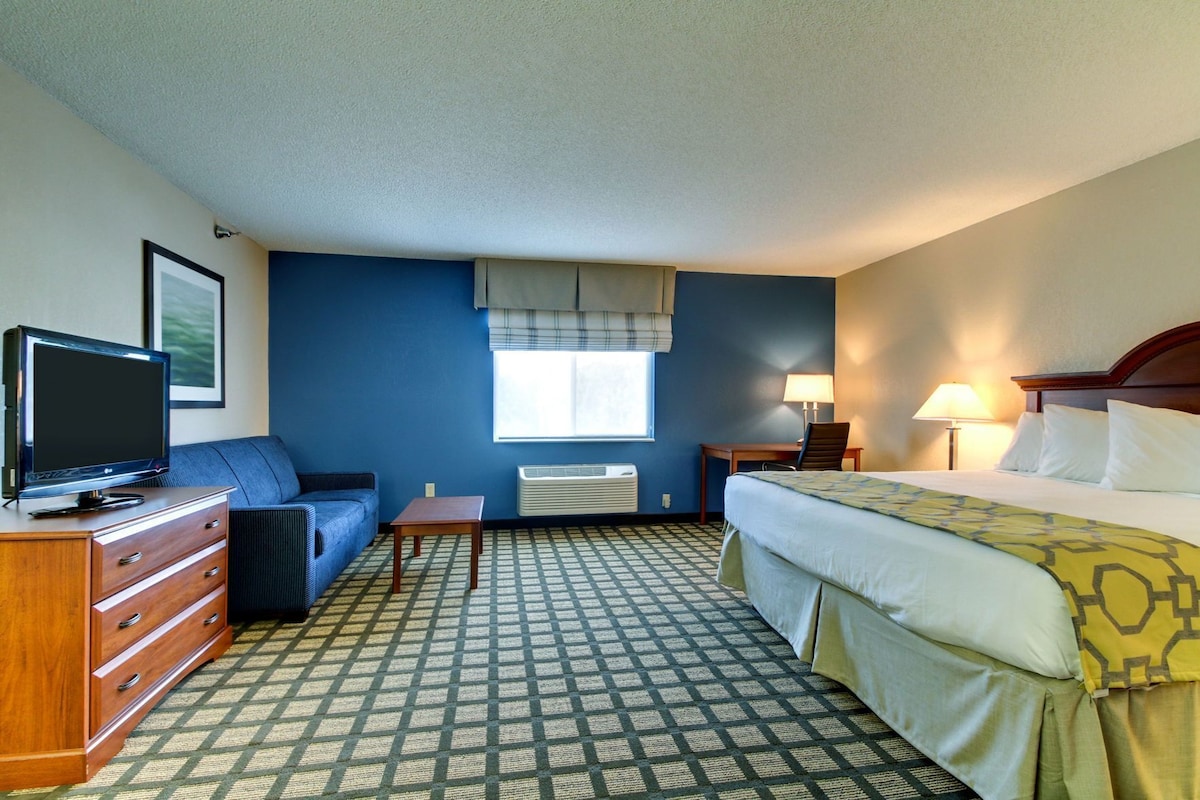 A hotel room with a bed, a desk, a chair, a TV, a sofa, and a window.