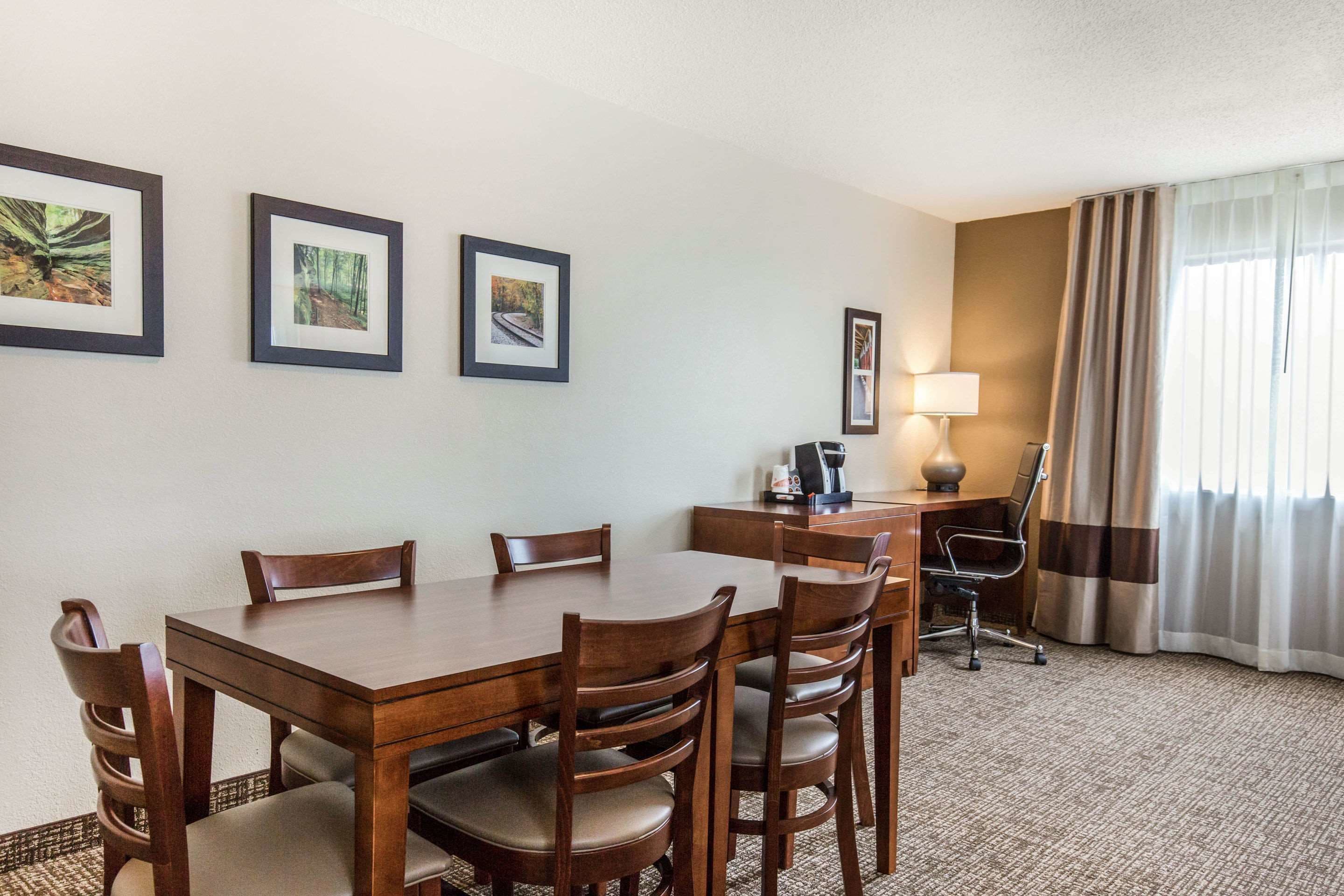 down duvets, desk, laptop workspace, blackout curtains