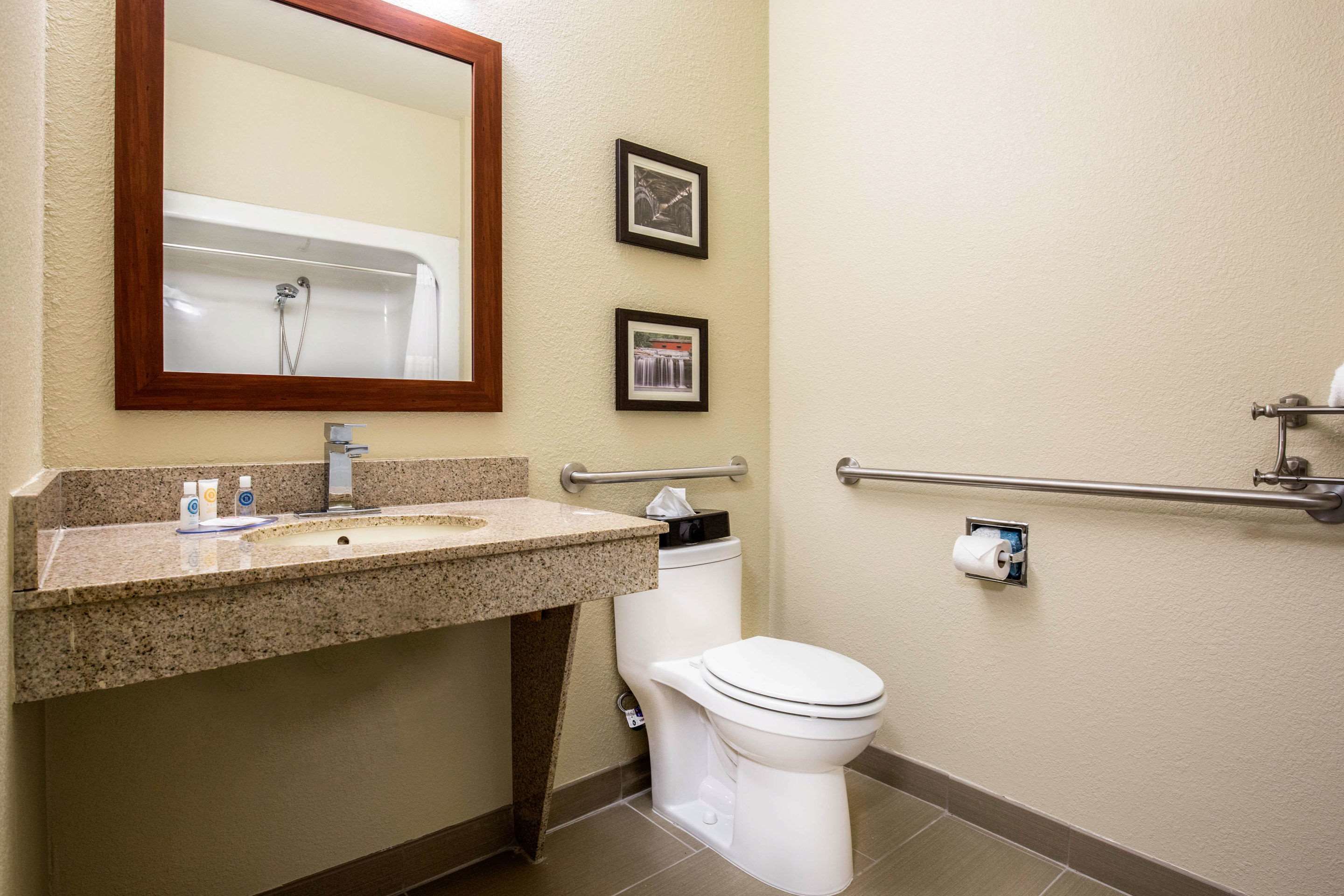 Une salle de bain équipée d’un lavabo, d’un miroir, de toilettes et de barres d’appui.