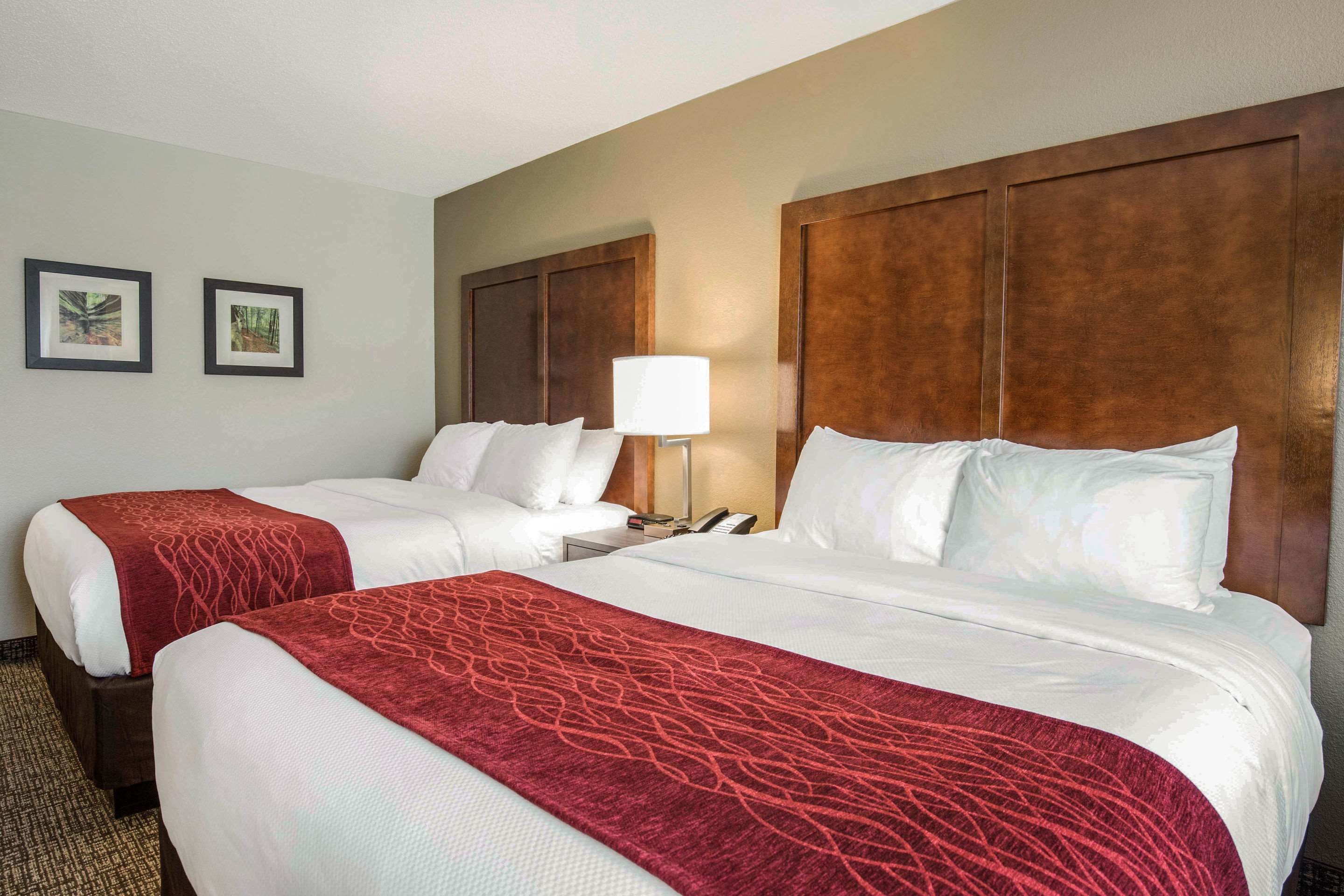 A hotel room with two beds, a wooden headboard, a lamp, and two framed pictures on the wall.