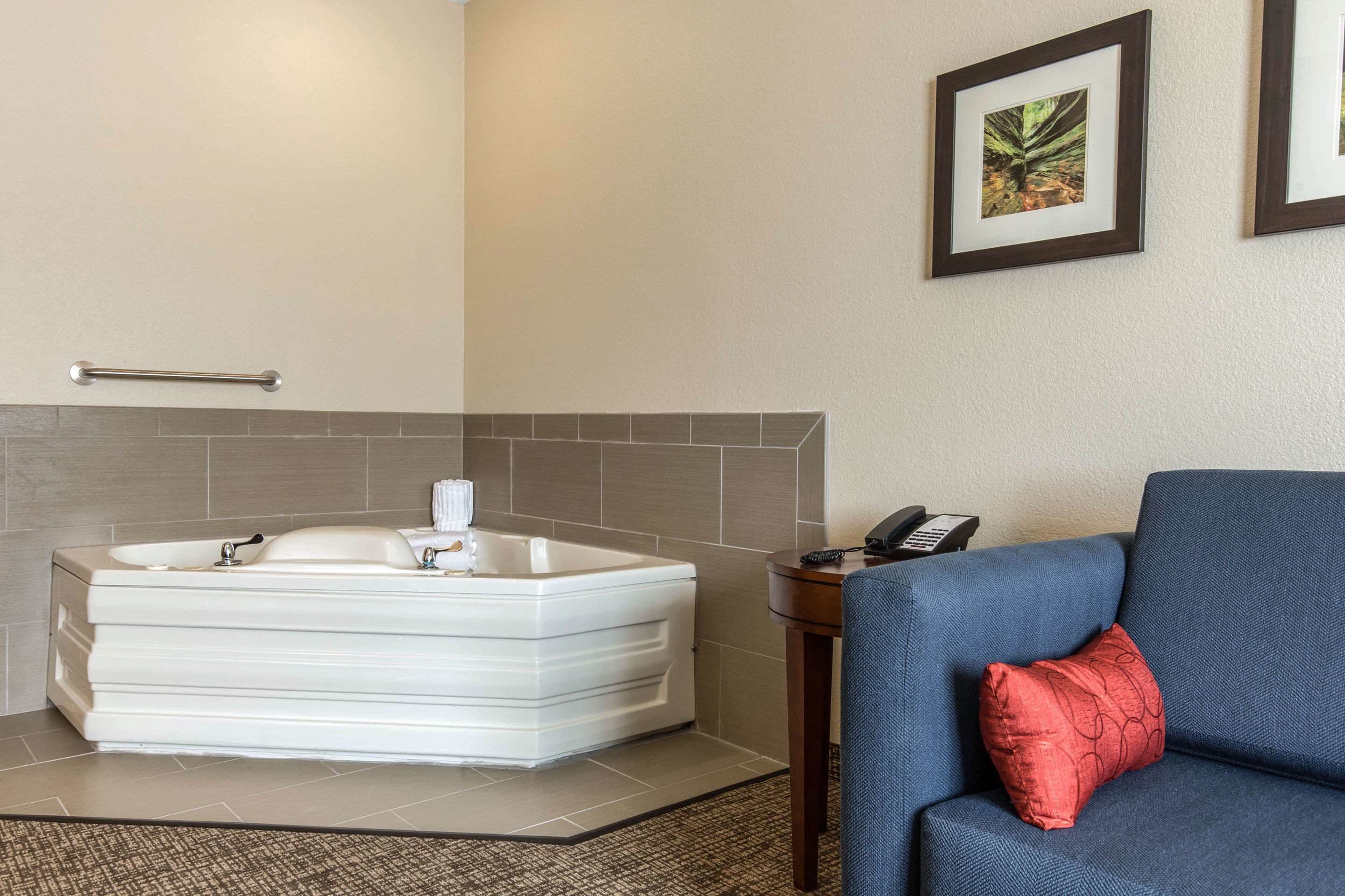 Une salle de bain avec une grande baignoire, un porte-serviettes et un tableau encadré au mur.