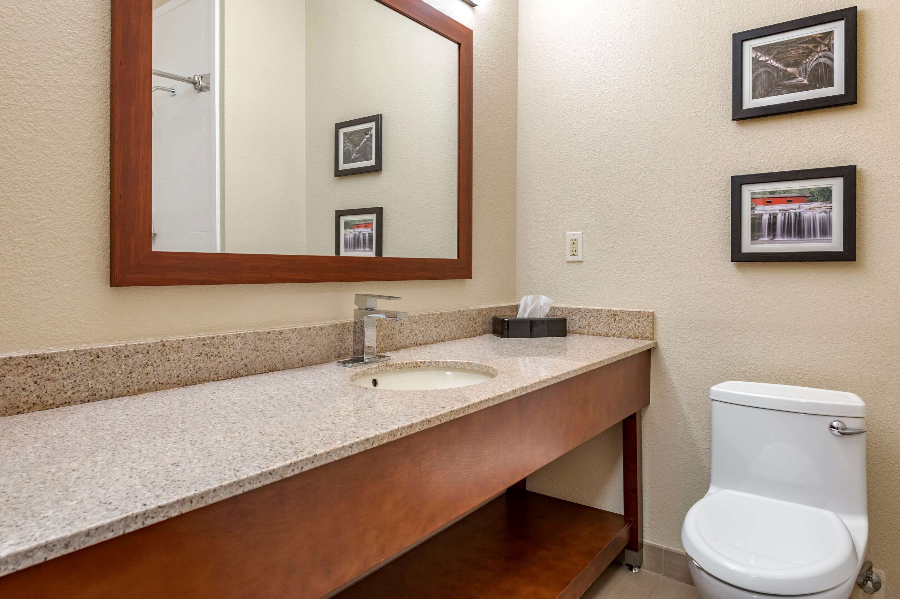A bathroom with a granite countertop sink, a mirror, a toilet, and two framed pictures on the wall.