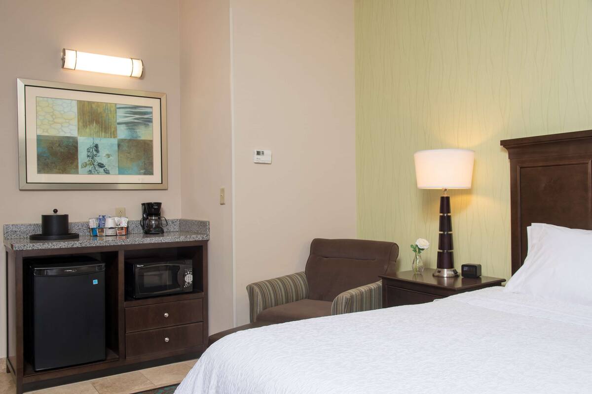 A hotel room with a bed, a desk with a microwave, a refrigerator, a chair, a nightstand with a lamp, and a framed artwork on the wall.