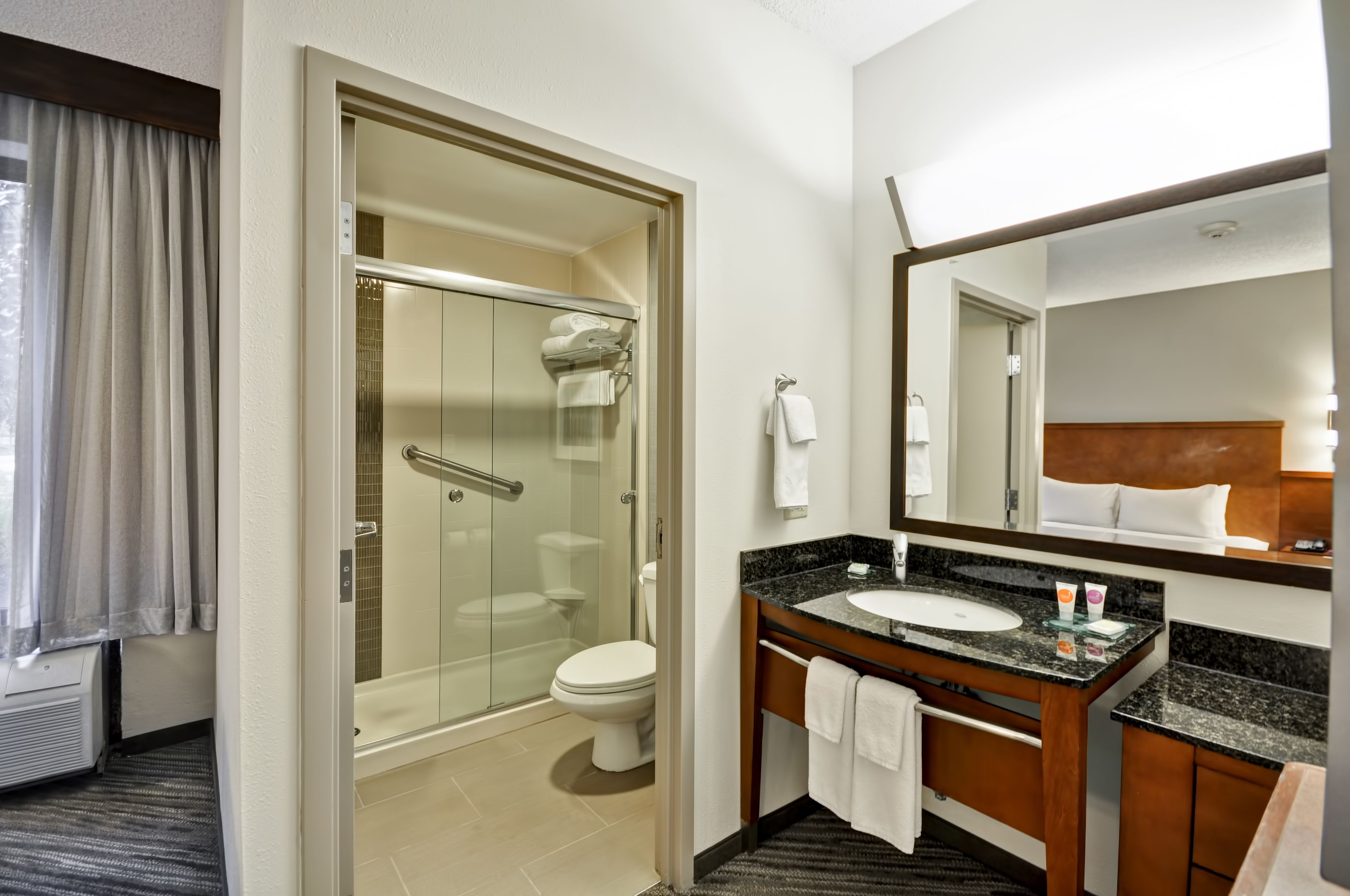 Une salle de bain d’hôtel avec une douche en verre, des toilettes, un lavabo avec des articles de toilette et un grand miroir.