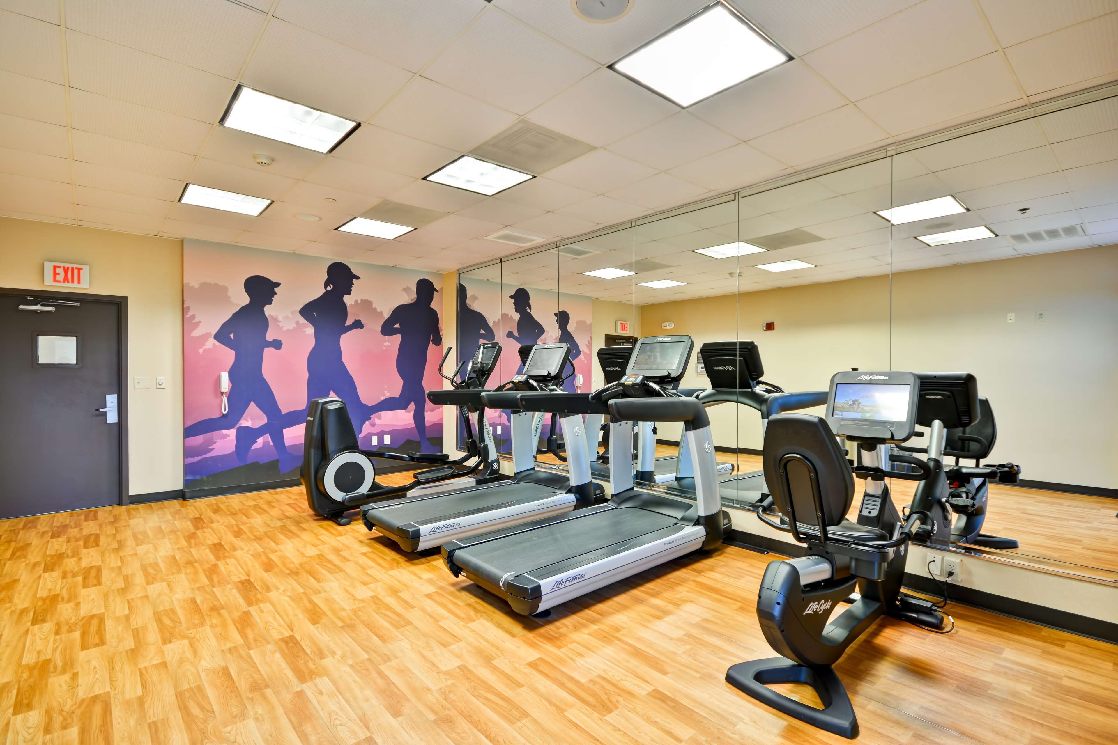 A gym with treadmills, exercise bikes, and a mirrored wall.