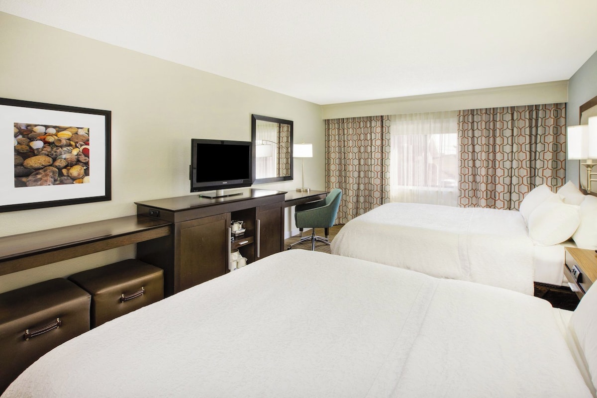 A hotel room with two beds, a desk with a TV, a chair, and a framed picture on the wall.