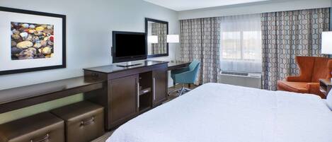 A hotel room with a bed, a desk with a computer, a chair, a television, and a framed picture on the wall.